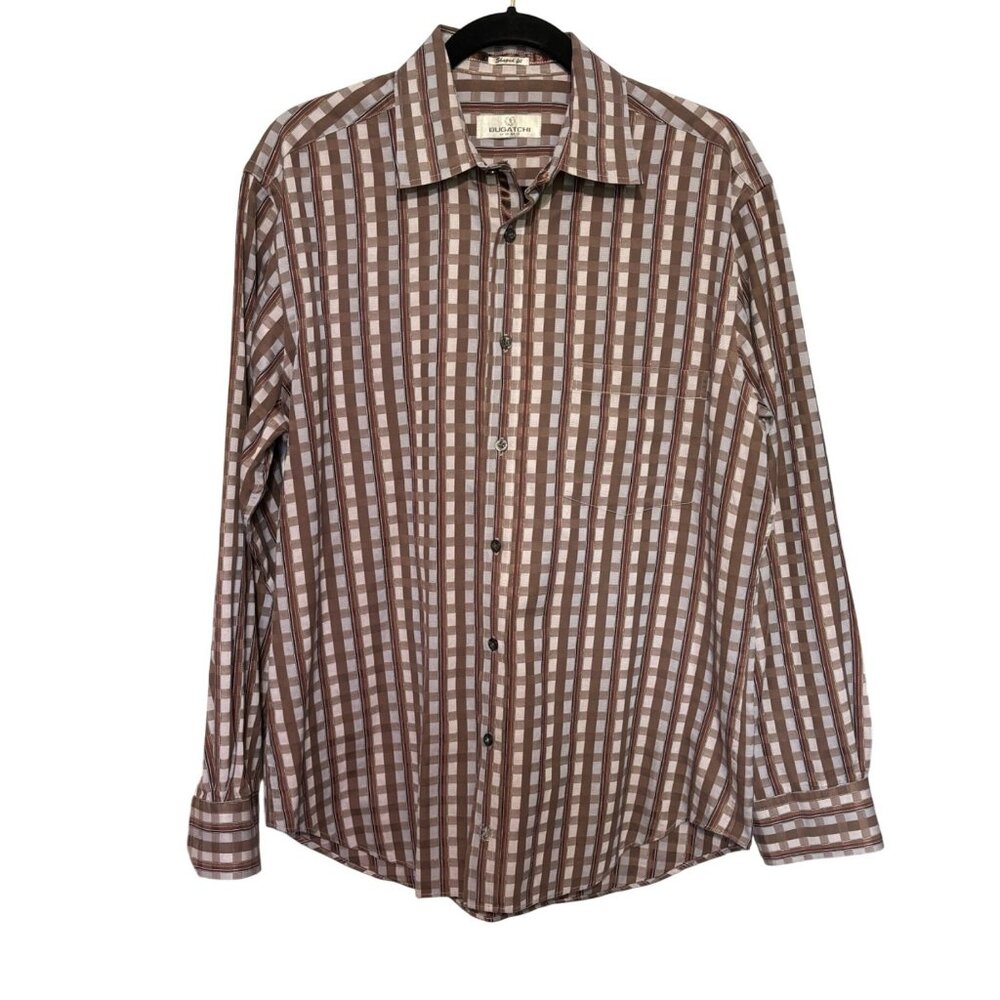 Bugatchi Uomo Mens Large Brown Checkered Long Sleeve Button-Up Shirt Shaped Fit
